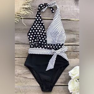 Cupshe Black and White Polka Dot Belted Halter One-Piece Swimsuit